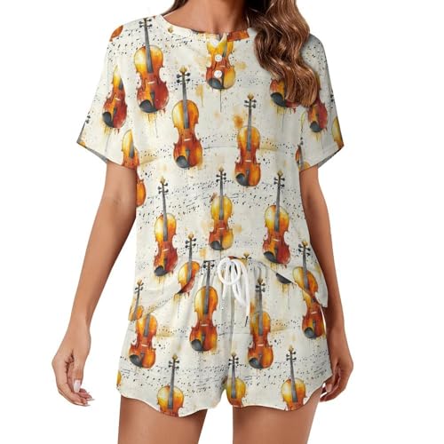 TZTTZT Vintage Cello Print Pajamas for Women Set, Short Lounge Pjs Set 2 Piece Loungewear Cute Sleepwear Multicolor
