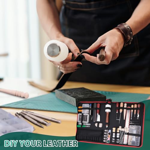 Foto de 386 herramientas avanzadas de costura de cuero y suministros con organizador de transporte, herramientas de estampado, agujas y remaches, kit perfecto para costura, perforación, corte, costura, cuero, (imagen 4)