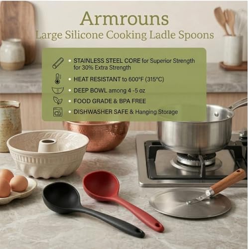 12" Silicone Ladle Spoon Set of 2, Long handle soup spoons Seamless & Nonstick, Heat resistant 600 °F Kitchen Soup Ladles for Cooking. - Image 5