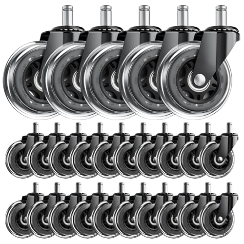 Image of Office Chair Wheels for Hardwood Floor, 25 Pack 3 Inch PU Casters | Protects Hardwood, Laminate & Tile. No Scratches. 650Lbs. Rolls On Low Pile Carpet. Tool-Free. Universal Stem
