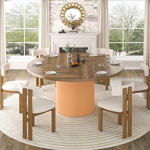 Image of Large Round Dining Table for 6-8, Metal Pedestal Base (Light Brown) | Wooden Dinner Table with Heavy Duty