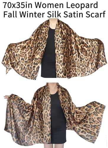 70x35in Women Leopard Animal Print Silk Head Hair Satin Scarf Wrapping Long Fall Winter Thin Lightweight Shawl Travel3