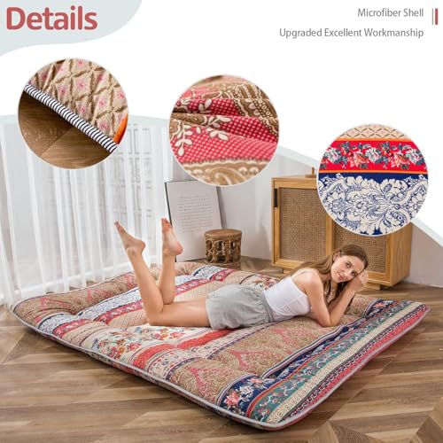 Image of MAXYOYO Bohemian Retro Floor Mattress Vintage Floral Japanese Futon Mattress Roll Up Thicken Sleeping Mat Portable Camping Mattress Floor Lounger Couch Mattress Pad, King Size
