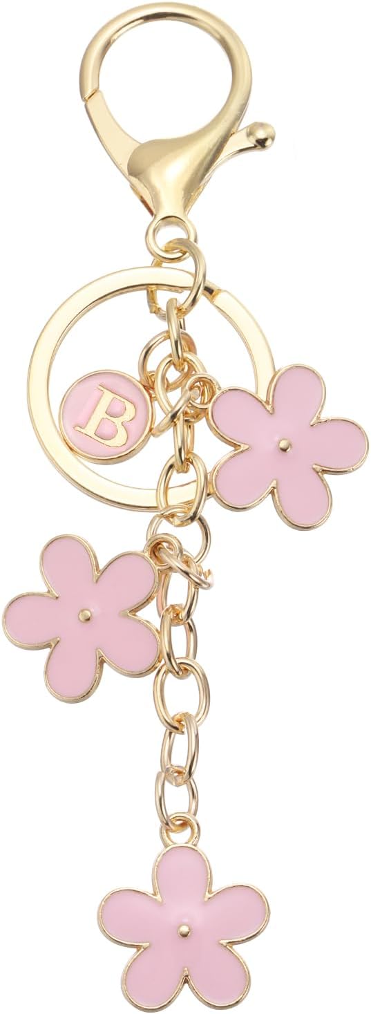 MECCANIXITY Initial Letter Keychain, Cute Flower Keychain Alphabet Keychain Charm for Women Girls