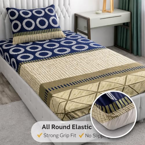 Image of Premium Glace Cotton Fitted Single Bed Sheet - Soft Cotton Feel, Snug Fit for 8 inch Thick Mattress, 4ft x 6ft Elasticated Bedspread with Pillow Case Brown Check