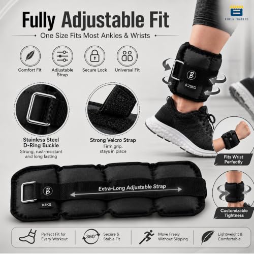 Image of Btag Solid Neoprene Ankle & Wrist Weights (0.5 kg x 2 Pcs) | Adjustable Strap | Unisex Leg & Arm Weight Cuffs for Gym, Workout & Training (Balck)