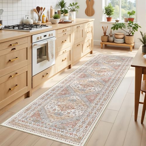 Restydon Runner Rug 2x8 Runners for Hallways Non Slip Washable, Vintage Hallway Runner Rugs for Living Room, Low Pile Soft Hallway Rug for Kitchen Bedroom Laundry Room Rug(Orange,2'x8')