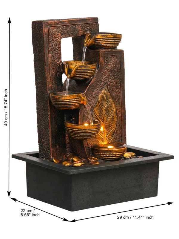 Image of Polyresin Table Top Brown 4 Diya Steps & Golden Leaf Design Indoor Waterfall Fountain for Home Decor with LED Lights & Speed Controller Pump (Size: 40 x 29.5 x 22CM | Weight: 2250grm)