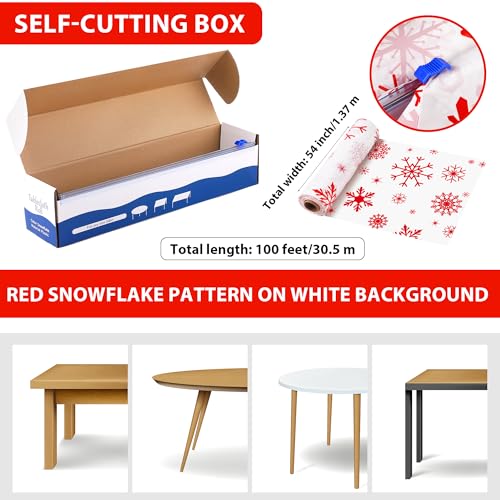 Image of Kochorie 100 Ft x 54 Inch Red Snowflake Tablecloth Roll with Cutter Box Christmas Themed Snowflake Printed Cut to Size Table Cover Disposable Winter Backdrop for Frozen Birthday Party Supplies