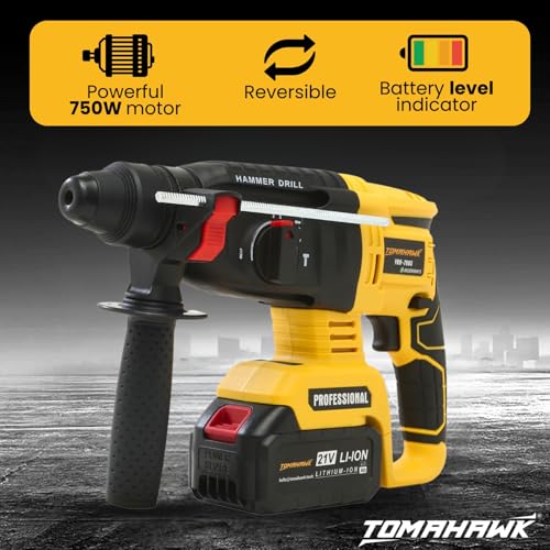 Image of TOMAHAWK YRH-7865 Cordless Rotary Hammer Drill Machine For Drilling And Chiseling-21V,4.0Ah Battery Reversible Hammer Drill Machine With Drill Bits For Home 1100Rpm,750W,26Mm