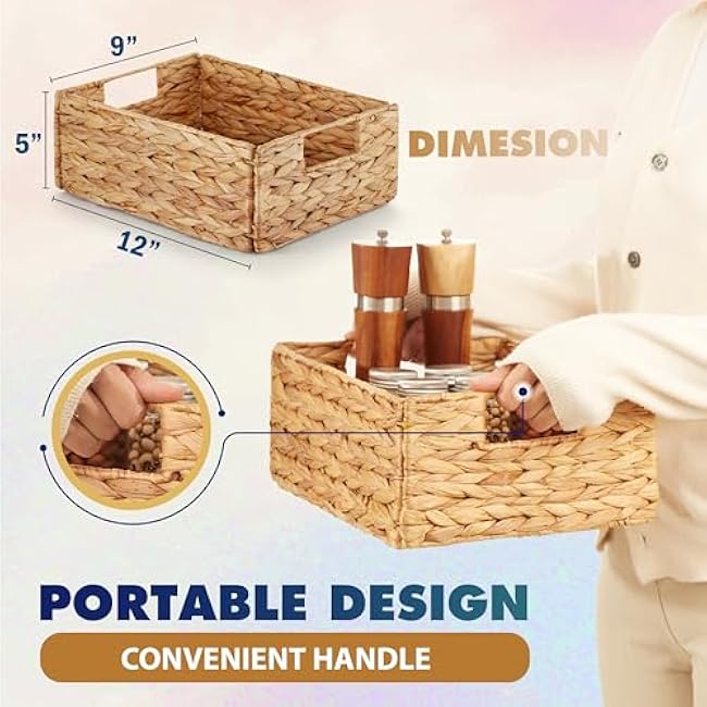 BLUEWEST Water Hyacinth Storage Baskets (Set of 6) ¨C Woven Hyacinth Organizer with Carrying Handles, Laundry Basket for Organizing, Rattan Bin for Shelves