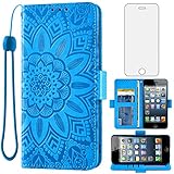 Asuwish Phone Case for iPhone 5S 5 SE 2016 5SE with Tempered Glass Screen Protector and Wallet Flip Cover Credit Card Holder Cell iPhone5 iPhone5s iPhoneSE iPhone6se i 6SE iPhone5se Women Men Blue