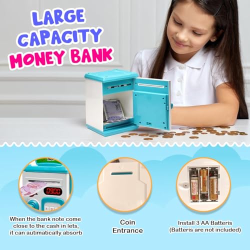 Image of Piggy Bank Toy for Kids and Adults - Gullak Money Safe with Number Password and Touch Sensor - Money Saving Mini ATM Toy with Lights and Sound (Blue-White)
