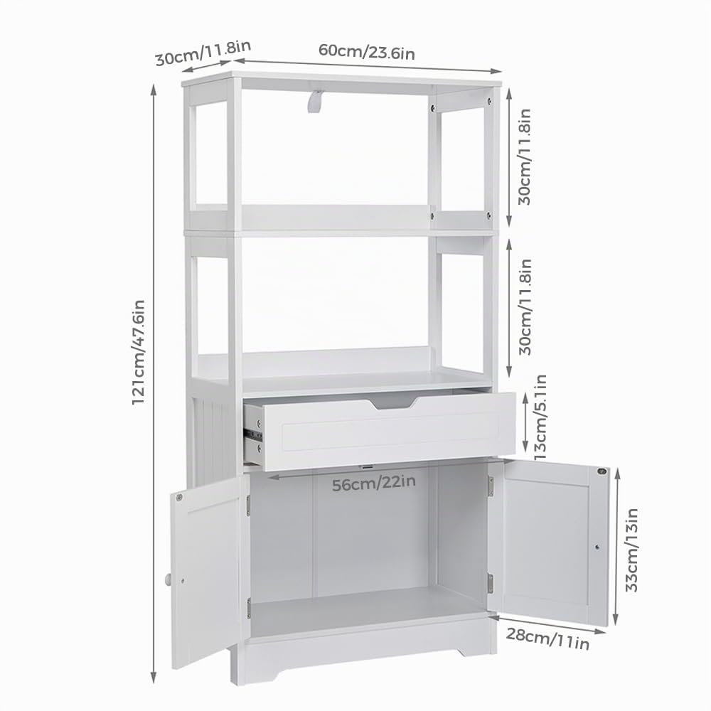 Mondeer Meuble de Salle de Bain Meuble de Rangement avec Etagères, Tiroirs et Armoire avec la Porte, pour Salle à Bain Cuisine Salon, 60 x 30 x 121 cm (L x B x H), Blanc H1071BC03WT