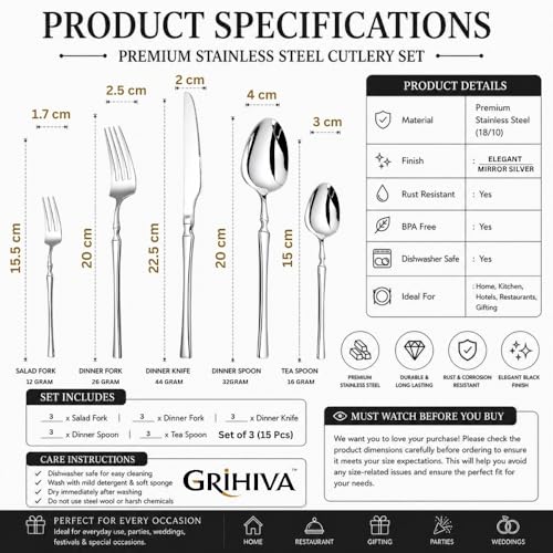 Image of 15 Pcs Silver Cutlery Set for Dining Table the Perfect Lightweight Silim Handle Tableware Including Dinner Spoon, Dinner Fork, Dinner Knife, Dessert Spoon & Dessert Fork