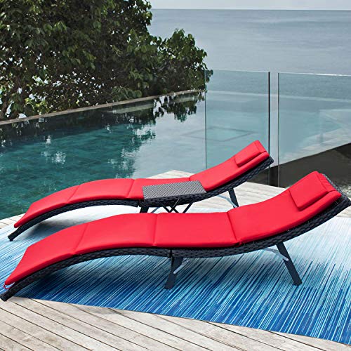 Victone Lounge Chairs For Outside, 3 Pieces Patio Chaise Set Outdoor Poolside Pe Rattan Reclining Chair With Cushion And Folding Table (Red) #TOP4