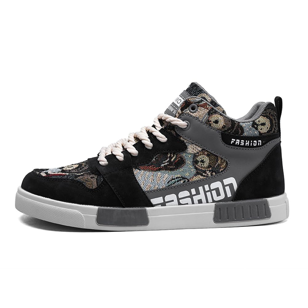Men's Fashion High Top Chinese Style Skate Sneakers Stylish Comfortable Skateboarding Road Running Walking Shoes: 12.5 Black Grey