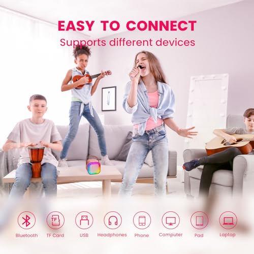Karaoke Maschine Kinder IROO Mini Karaoke Maschine mit 2 Mikrofonen, Mädchen Mikrofon Kinder Geschenke für Kinder Tragbarer Bluetooth-Lautsprecher mit Stimme wechselnde Effekte und LED-Lichter(Rosa)