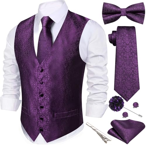 Image of Barry.Wang Men's Suit Vest Tie Bowtie Set Formal Silk Paisley Waistcoat Hanky Cufflinks Lapel Pin Set Wedding Party 7PCS