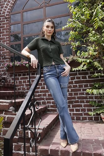 Image of Zilcon Women's Textured Polo Collar Shirt | Short Sleeve Button-Down Casual Crop Top | Soft Stretch Everyday Fashion Shirt