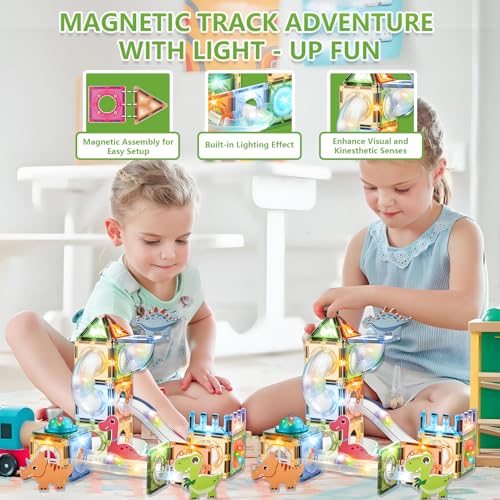 Magnetic Tiles Marble Run STEM Building Set 3D Educational Construction Kit Learning Stem Sensory Stacking Toys Birthdays Gifts Classrooms Game for Kids Ages 3-8 (64Pcs Dinosaur Theme) - Image 4