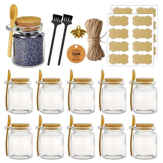 Ahhute Latas de miel de vidrio con tapa de corcho, cucharas de bambú, cepillos y laboratorios - latas de vidrio para bañarse en sal marina, seguridad de vajilla, 12 paquetes, 250ml / 8oz