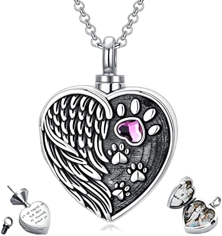 Flower Paw Print Urn Necklace Crystal Heart Locket Necklace for Ashes 925 Sterling Silver Cremation Jewelry Keepsake Memorial Gifts for Women Men