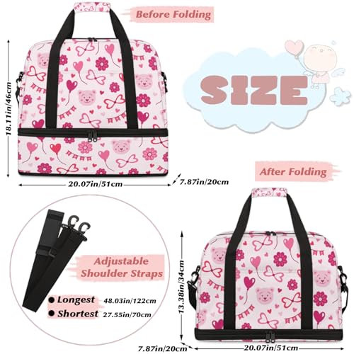 Large Weekender Overnight Bags Pink Flower Love Travel Duffel Bag for Women Men Gym Bags With Shoe Compartment Foldie Travel Tote Bag Carry On Personal Item Bag for Travel Gym Sports2