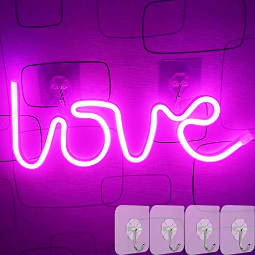 YIVIYAR LOVE Neon Sign LED Neon Lights with 4 Hooks, Pink LOVE Neon Light Sign for Wall Decor Battery/USB Operated LED Sign for Bedroom Neon Night Light Pink Decor for Living Room,Wedding,Party(LOVE)