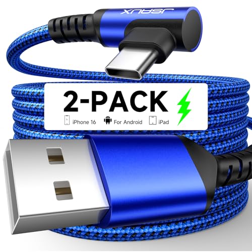 JSAUX USB C Cable [2-Pack 6.6ft], 3.1A Type C Charger Fast Charging Cord Right Angle Compatible with iPhone 16e 16 15 Pro Max Plus, Samsung Galaxy A14 A15 A25 A35 A53 A55, S25 S24 S23, CarPlay -Blue