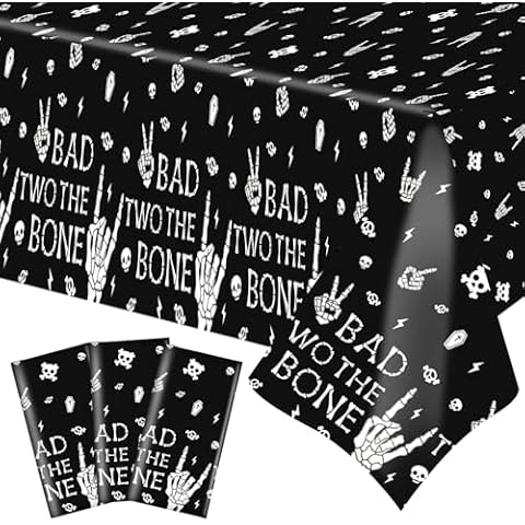 3 Pack Bad Two The Bone Tablecloth, Rock And Roll 2nd Birthday Party Decorations, Plastic Skull Tablecover Backdrop Background Banner for 2nd Birthday Party Decoration and Supplies, 51 x87Inch Cover