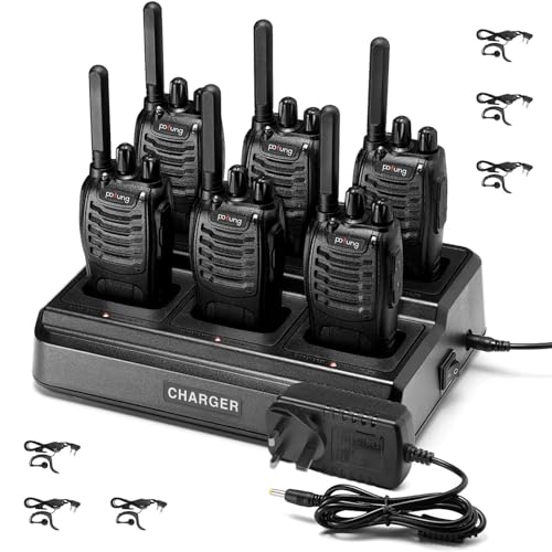 Walkie Talkie PMR446 License free Professional Two Way Radio pofung PT88E Long Range Walkie Talkies for Adults Rechargeable with 6 Way Charger, Earpieces, 16 Channels, VOX, Flashlight