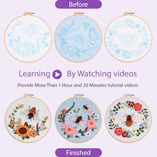 Image of Uniartfy 3 Pack Bee Flower Embroidery Kits for Beginners, Cross Stitch Kit for Adults, DIY Needlepoint with Embroidery Hoop, Tools, Easy to Learn Video & Instructions, Hand Embroidery Starter Kit