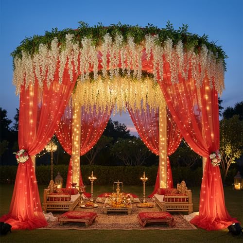 Image of Party Propz Red Backdrop Decoration with Artificial Ivory Wisteria Flower- 8 Pcs, Backdrop Cloth for Decoration Pooja, Pooja Background Decorations Items, Wedding and Haldi Decorations (Satin Mix)