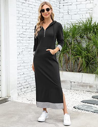Image of MISSKY Women Casual Pocket Quarter-Zip Neck 3 /4 Sleeve Slim Split Pullover Hoodie Maxi Dress