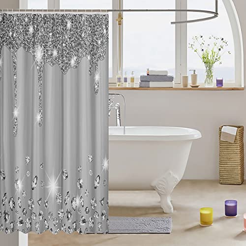 Loussiesd Silver Glitter Shower Curtain (No Glitter) Bling Partyations Grey Bathroom Fabric Shower Curtain Set for Diamond and Jewelry Bath Curtain Waterproof Curtains Stalls Bathtubs 72x84 Inch - Image 3