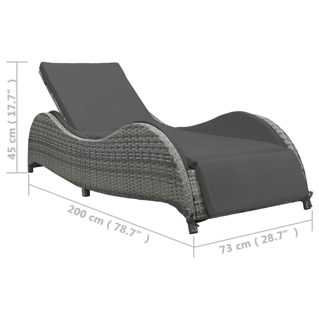 Chaise longue de jardin avec coussin, en polyrotin, anthracite, pour terrasse, dossier réglable, 200 x 73 x 45 cm