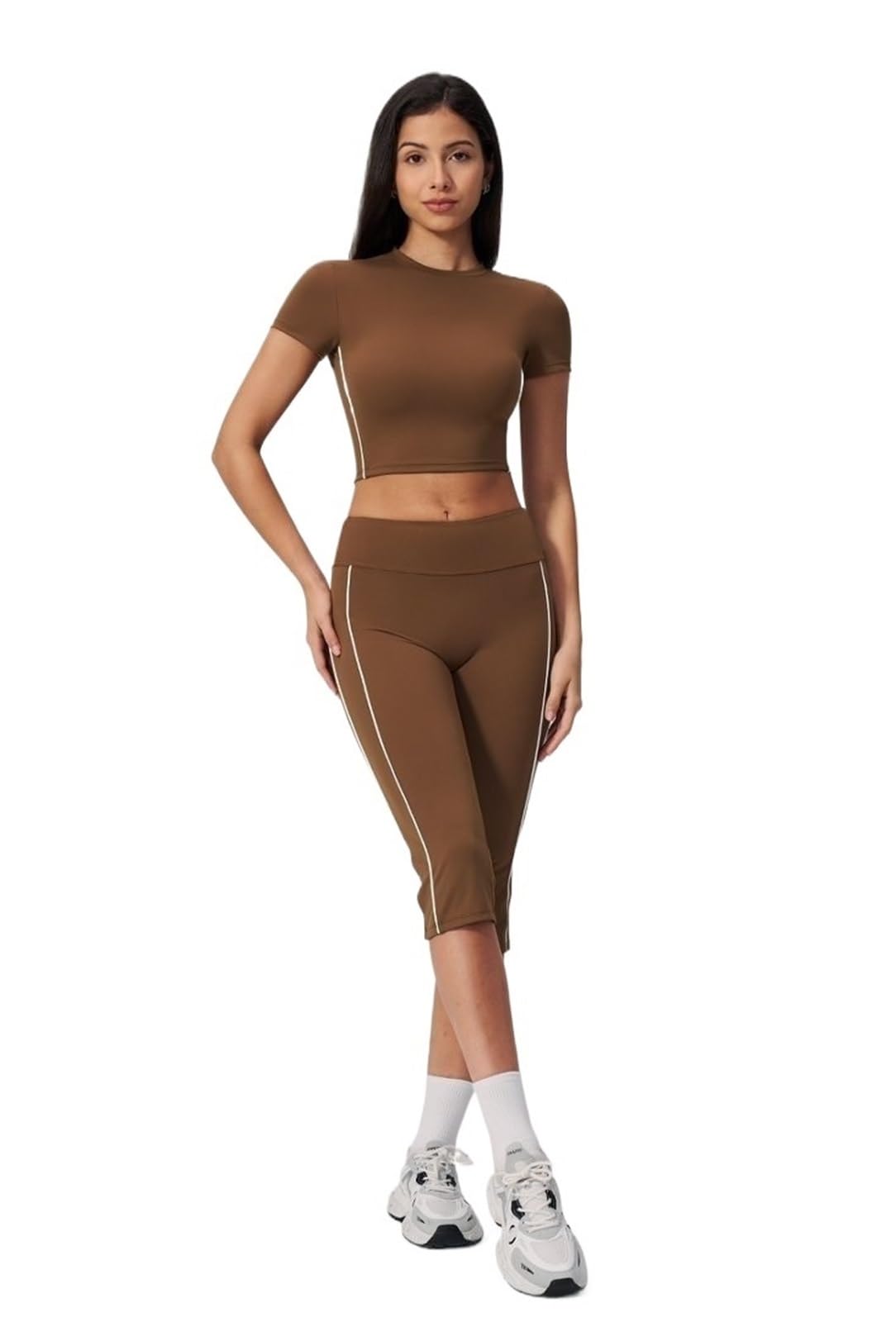 Completo yoga donna 2 pezzi: top corto maniche corte e leggings 7/8 vita alta, blocchi colore sagomati, set coordinato allenamento palestra