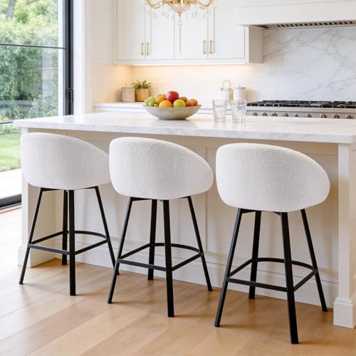 Image of Zesthouse Swivel Counter Stools Set of 3, Modern Barrel Counter Height Barstools for Kitchen Island, 26'' White Bar Stools with Arms & Back, Upholstered Sherpa Fabirc Island Chairs with Metal Legs