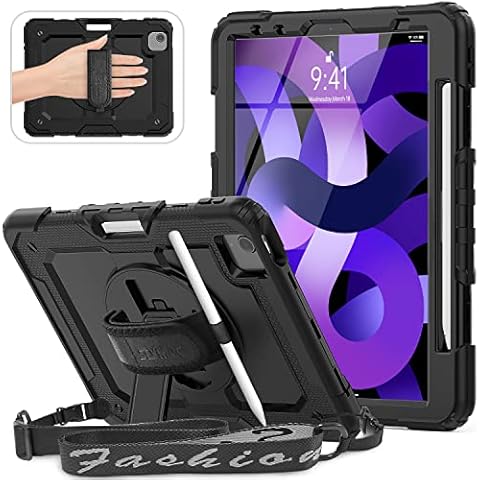 SEYMAC iPad Air 5th Gen 2022 & iPad Pro 11 Case 2022/2021/2020/2018 & iPad Air 4 10.9” Case, Shockproof Case with Screen Protector,Hand Strap/Stand,Shoulder Strap,Pencil Holder for iPad Air 5/4, Black Cover