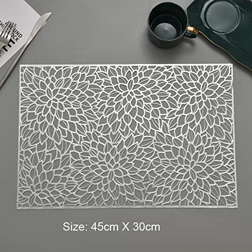 Hosoncovy 4 Pack Decorative Rectangle PVC Placemats Flower Placemats Hollow Dining Table Place Mats Heat Resistant Non-slip Dining Placemats Table Mats for Home Kitchen Wedding (Silver) - Image 2