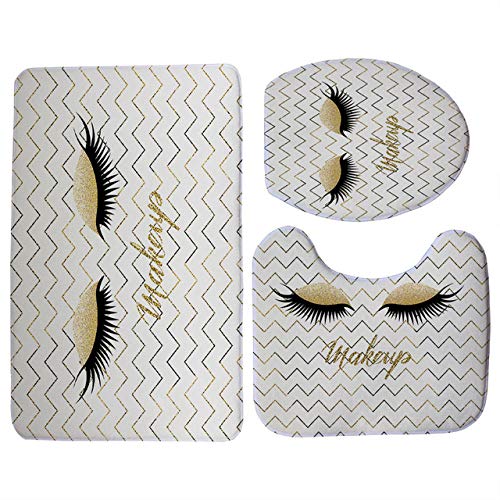 FYMIJJ Badematte,Wimpern Gold Schwarz 3-teiliges Set Toilettensitz Matte Bezug Bad Rutschfester weicher Kissen Teppich Home Decoration, HTTMS0011,4