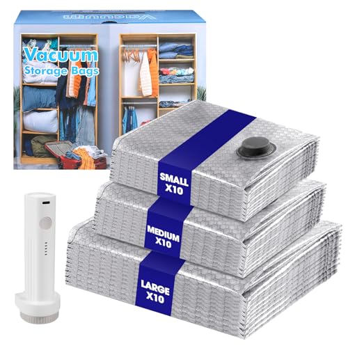 30 Pack Vacuum Storage Bags with Rechargeable Wireless Pump,10 Large 10 Medium 10 Small Space Saver...