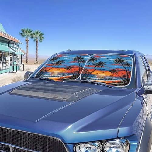 Image of 2 PCS Windshield Sun Shade Foldable Palm Trees Sunset Car Front Window Cover Sun Visor UV Rays Blocker Automotive Interior Accessories Sun Protection