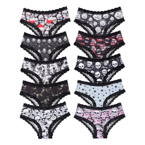 Morvia 10pcs Women's Gothic Contrast Lace Halloween Skull & Rose Print Hipster Panties Assorted Styles X-Large Multicolor 2