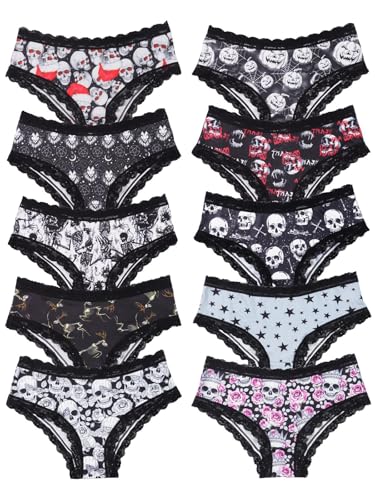 Morvia 10pcs Womens Gothic Contrast Lace Halloween Skull & Rose Print Hipster Panties Assorted Styles Multicolor 2 S