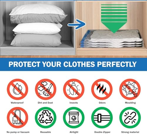 Image of eumqestoer Vacuum Bags|Clothes Storage Bag with Hand Pump|Set of 5|1 Jumbo,2 Large,2 Medium |Reusable Space Saver|Airtight Ziplock Compression for Travel-Clothing-Comforters-Blankets & Bedding