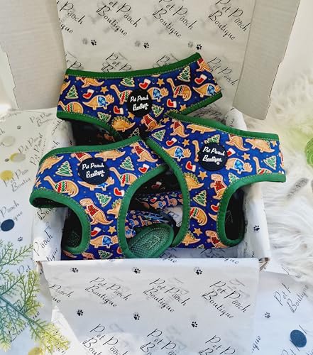Christmas Dino Rawr Biscuits Dog Harness L, blue, large