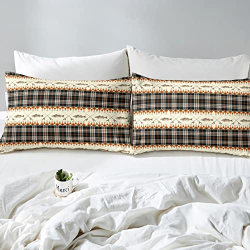 Erosebridal Fishing Themed Rustic Cabin Bedding Set Queen Farmhouse Lodge Duvet Cover Southwestern Buffalo Plaid Check Comforter Cover Fishing Rod River Fishes Bed Set With 2 Pillow Cases Brown #TOP3