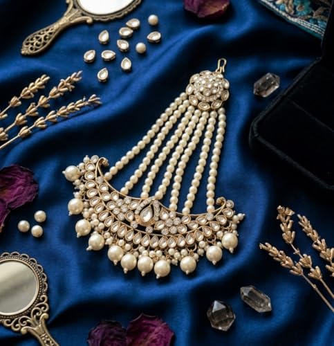 Image of Gold-Plated Head Passa Jewelry For Women Kundan Pearl Studded & Beaded Passa /Matha Patti Jhoomar Jewellery for Women & Girls Birthday Gifts